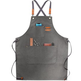Delantal de pintura Delantal de cocina Delantal de trabajo de madera Delantal de espalda cruzada Delantal de hombre y de mujer Sección universal Correas ajustables y grandes bolsillos Gris