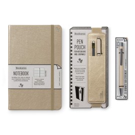 IF Bookaroo Notebook, Pen Pouch & Pen Set, Gold. Hard Cover Notebook with Contrasting Elastic and Ribbon, A5 21.5 x 13.5cm, 192 Pages. Matching Pen Pouch and Ballpoint Pen with Black Ink