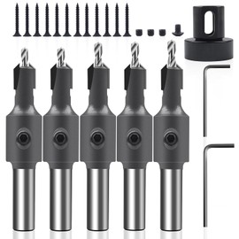 5 Piece Countersink Drill Bit Set for Wood 5/16 Inch Countersink with Depth Stop for Wood Processing Plastic Drill with Countersink with 2 Wrenches, 3 Small Screws, 1 Large Screw and 12 Screws