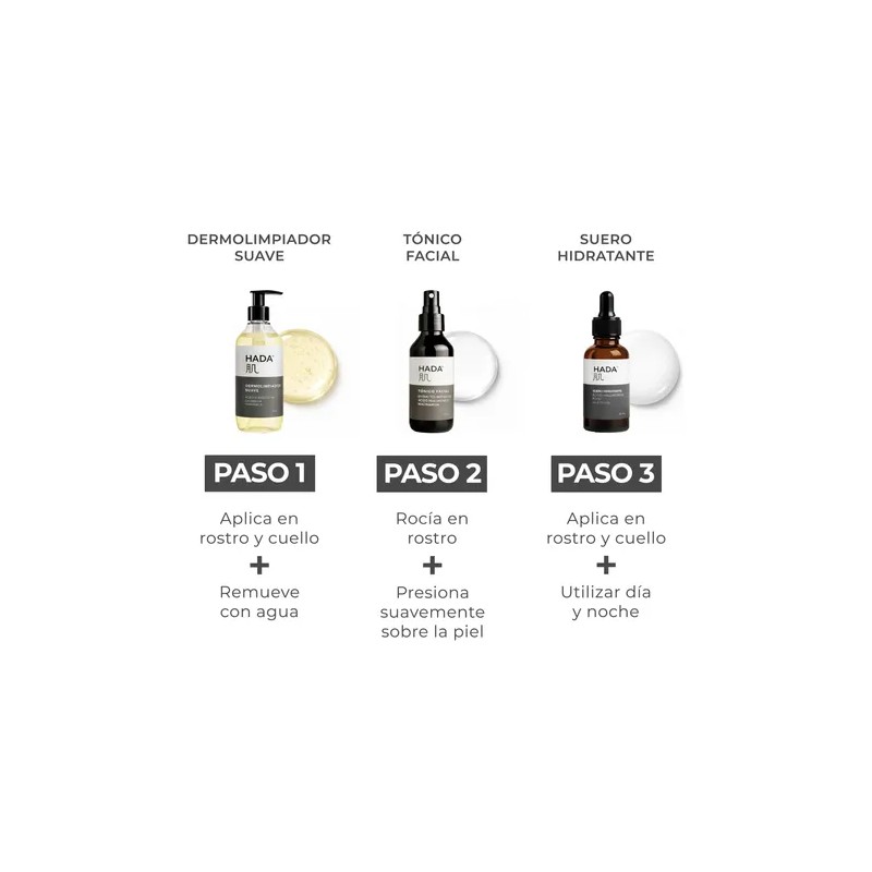 Hada Skincare - Kit 3 En 1, Dermolimpiador, Tónico, Suero
