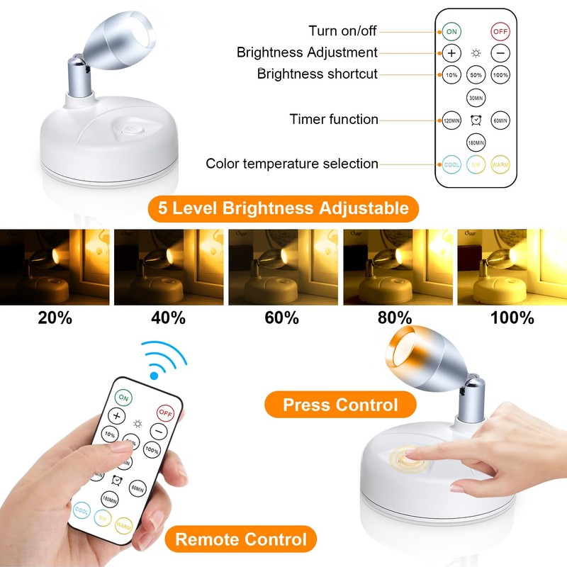 HFCDL Battery Operated Spotlight Indoor with Remote Warm/Neutral/Cool White 3-Mode