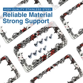 FantasHome Stainless Metal Car License Plate Frame Covers with 4 Holes - Unique Designs, Standard Size for U.S. and Canada (Rose Lady)