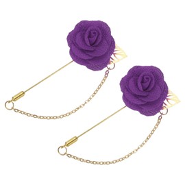 QUARKZMAN Lapel Pin for Men, Size:1.57 Inch Fabric Alloy Rose Flower Needlesuit Lapel Pin with Gold Leaf & Embellishment/Tassel Chain Brooch for Groom Wedding 2 Pieces Purple