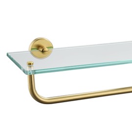 JQK Bathroom Glass Shelf, Shelf with 19 Inch Towel Bar Tempered Glass Shower Storage 20 by 5 inches, 304 Stainless Steel Brushed Gold Wall Mount, TGS100L20-BG