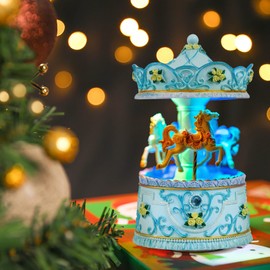 MS. WENNY Handcrafted Blue Carousel Music Box with Lights, Resin Horse Figurines, Hand Painted Ornament for Girls, Wife, Mum, Birthday, Plays ‘You Are My Sunshine’