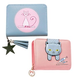 MEMOFYND Pack of 2 Cartoon Wallet, Portable Storage Tool, Mini Purse, Wallet with Multiple Card Slots, Leather Case with Cat Print, Simple Short Purse, Pink, Casual