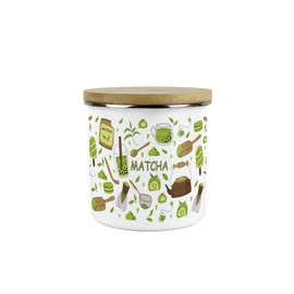 Matcha Medium Sized Storage Canister - Gifts for Tea Lovers/Drinkers - White & Green 600ml Metal Enamel Kitchen Hot Drinks Container Present