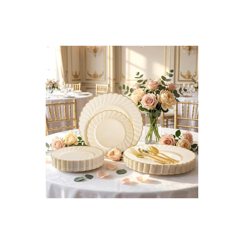YOUBET 175PCS Ivory Scalloped Plastic Plates - Gold Disposable Dinnerware