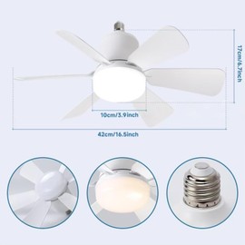 16.5 inch Low Profile Fan with Remote, Dimmable LED Socket Ceiling Fan,6 Blades&3 Fan Speeds&3 Color stepless dimming,White Fan Light replacement for Lightbulb - Bedroom,Living room,Garage, Kitchen
