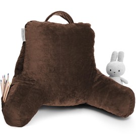 Clara Clark Reading Pillow for Kids, Small Back Pillow for Sitting Up in Bed, Memory Foam Back Support Pillow, Reading Pillows for Sitting in Bed, Chocolate Brown Gaming Pillow with Arms and Pockets