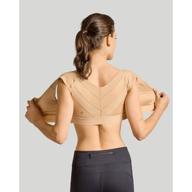 Tommie Copper Shoulder Support Compression Bra with Front Zipper Closure - Wireless Posture Corrector & Back Support Bra, Ideal for Gardening, Yoga, and Sports, UPF 50 - Nude, Large
