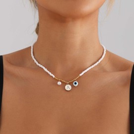 Atentuyi White Beaded Initial Necklace A Beaded Choker Gold Evil Eye Pendant Necklace Bead Chain Pearl Simple Necklace Round Tiny Dot Blue Eye Necklace Bohemia Necklace Jewelry Lucky Protection Women