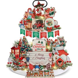 MAPVOLUT 23 PCS Christmas Wooden Tiered Tray Stand Decor Set, Traditional Christmas Tree Santa Claus Centerpieces Kitchen Bedroom Decorations for Coffee Tables Office Home Décor Accents Indoor