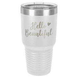 HELLO BEAUTIFUL White 30 oz Tumbler With Straw and Slide Top Lid | Stainless Steel Travel Mug | Compare To Yeti Rambler