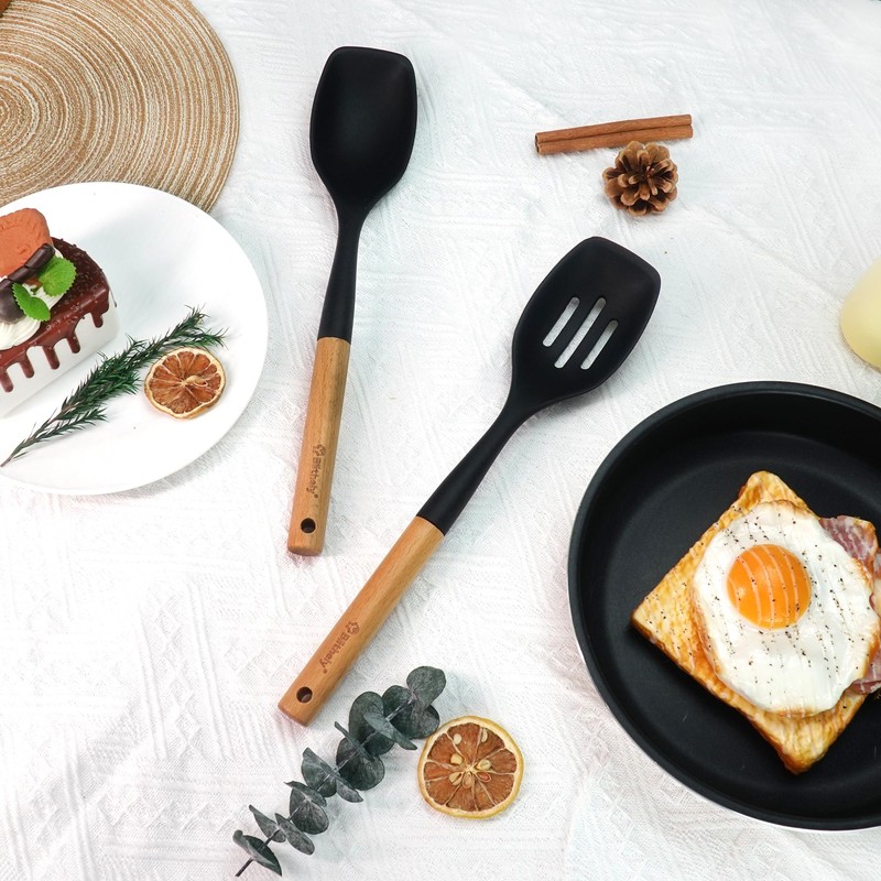 Large Silicone Cooking Spoon Set, 2 Pack Solid Slotted Spoon