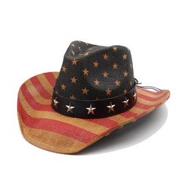 Mens Straw Cowboy Hat Unisex Western Beach Sun Hat for Men Women Wide Brim Fedora Hat Cowgirl Hats Summer Panama Hat (US, Alpha, Medium, Vintage Black Flag)