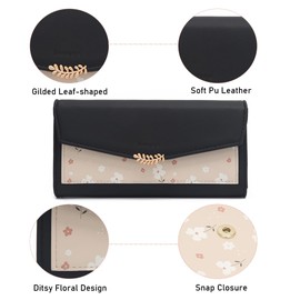 BMQY Women's Wallet, Long Purse PU Leather Zip with Multiple Card Slots, Card Holders, Coin Pocket, Phone (Flower-Black)
