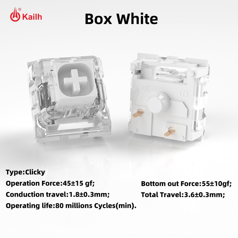 Kailh Box White Clicky Keyboard Switch,3-pin 45gf Pre-Lubed Dustproof Waterproof