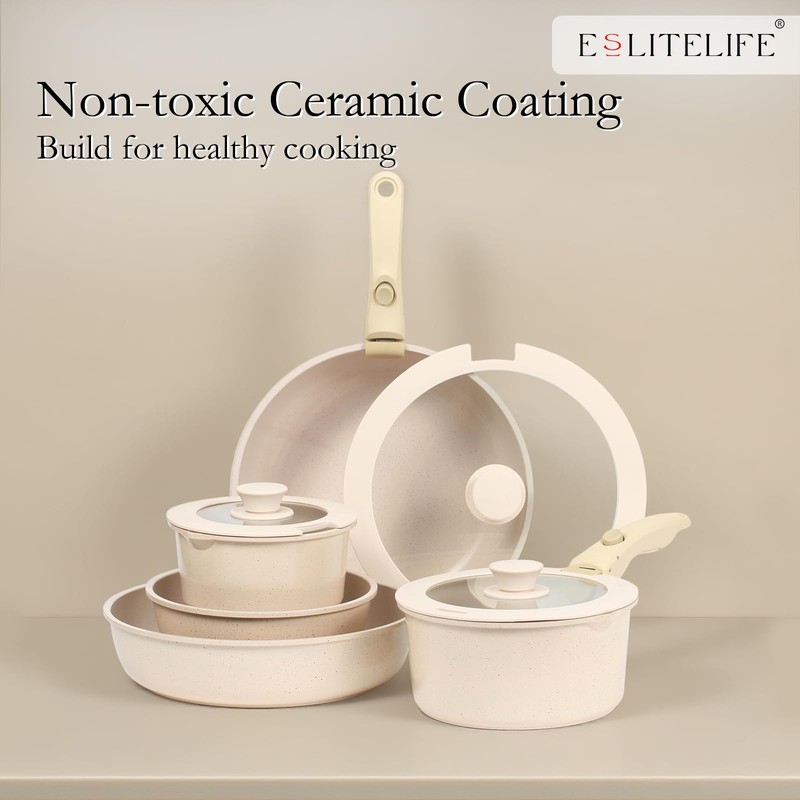ESLITE LIFE Nonstick Cookware Sets with Detachable Handle,Ceramic Coating Pots