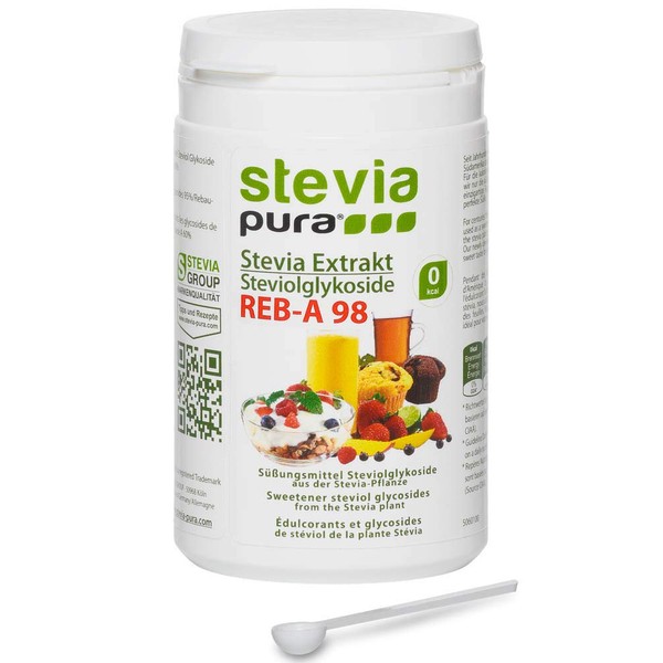 Stevia-pura 100% Pure, Highly Concentrated Stevia Extract Powder 100 g Sweetener Based on Steviol Glycosides from the Stevia Plant (Stevia Rebaudiana) and Rebaudioside A 98%