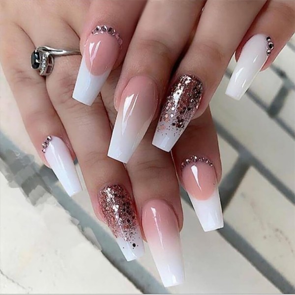 Brishow False Nails French Nails for Sticking Pink Natural Ballerina Acrylic Press on Nails 24 Pieces for Women and Girls