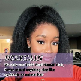 DSEKCAIN Kinky Straight Half Wig Human Hair Glueless 210% Density Yaki Straight 3 in 1 Half Wig 100% Real Human Hair Seamless Flip Over Wigs Healthy to Scalp 20 Inch 210 Density