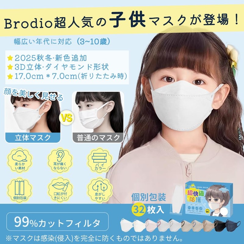 Brodio Children's Mask [Ages 3-10], Small 3D Mask, Non-Woven Fabric,