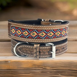 Handmade Western Leather Beaded Handmade Pet Dog Collar Heavy Duty Hand Tooled Adjustable - Large (21"-25"), Brown