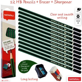 ZOFAX Nat621Jad HB Pencils, Pack of 12, Wooden BLACK Lead Pencils Sharpener Eraser Pack, Write Draw Sketch Pencils, Graphite Pencils, Handwriting Pencil for Kids School Home, iZOFAX Black Ball Pen