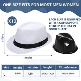 10 Pack 1920s Fedora Hats for Men Short Brim Sun Panama Hats for Men Women Party Costume, Circumference 60 cm (White)