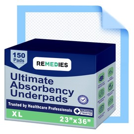 Remedies Disposable Bed Pads – 23" x 36", Large Incontinence Underpads for Adults, Seniors, Kids & Pets – 150 Count, Absorbent Chux Pads for Beds, Furniture & Dog Training