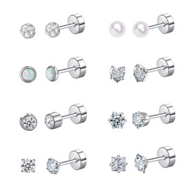 FANCH 8Pairs Flat Back Earrings Titanium Stud Earrings for Women Hypoallergenic Tiny Cubic Zirconia Pearl Ball Heart Opal Earrings 316L Stainless Steel Screwback Stud Earrings Silver