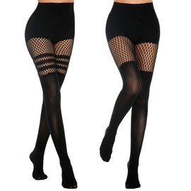 MANZI Womens Faux Thigh High Fishnet Stockings Stitching Opaque Pantyhose Mock Over the Knee Goth Striped Suspender Tights(1 Striped+1 Grid)