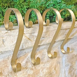 Haute Decor Stocking Scrolls Stocking Hanger - 4 Pack Glimmer Gold - Christmas Stocking Holders - Fit a Variety of Mantel Sizes Including Large