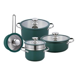 PUCOHOUSE 9pcs 304 Stainless Steel Cookware Set with Ceramic Coating – Nonstick, Durable, and Elegant Kitchen Pots with Glass Lids – Compatible with All Stovetops, Easy to Clean,Green