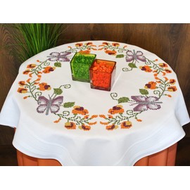 DECO-LINE Butterfly and Flowers Printed Tablecloth Embroidery KIT, White, 80 X 80 cm, 31.5 inch (Round)