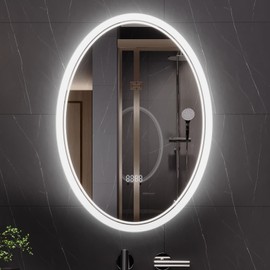 24x32 Inch LED Bathroom Mirror – Anti-Fog, Shatter-Proof Oval Makeup Mirror with Front & Backlit Lighting, 3 Color Modes & Stepless Dimming, Digital Time/Temperature Display, Vanity Mirror