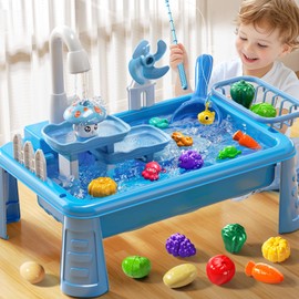 JUKUDAHU Water Table Play Sink Toy for Kids 2 3 4 5 6 Years Old - Outdoor Kitchen with Running Water, Fishing Games, Toddler Water Play Table for Kids Ages 3-8, Beach Outdoor Toys, Summer Gifts(Blue)