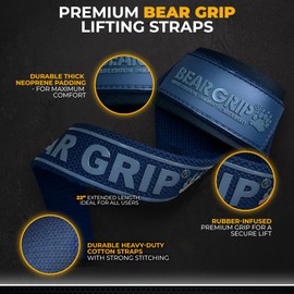 BEAR GRIP Straps - Premium Neoprene padded Heavy Duty double stitched weight lifting gym straps, Gel grip, 100% cotton, Extra long length (Navy Blue)