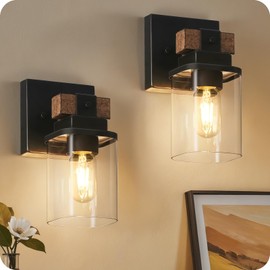 GOEBLESON Wall Sconces Set of two for Bathroom, Farmhouse Bathroom Light Fixture, Faux Wood Rustic Bath Vanity Light with Clear Glass Square Shade, Wall Lights for Bedroom Living Room Mirror F15BDP205