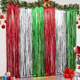 LOLStar Foil Fringe Curtains - 3 Pack Red, Silver, Green Backdrop Streamers for New Year's, Ugly Sweater Parties - 3.3 X 6.6 ft
