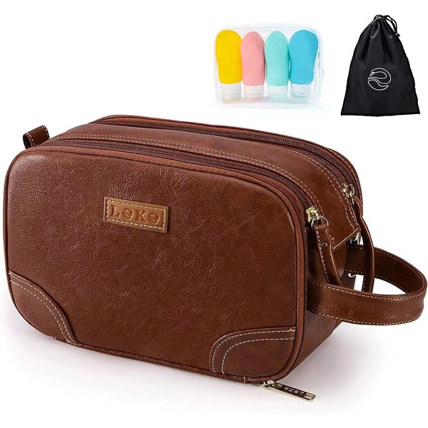 Tonyeee Leather Toiletry Bag for Men Extra 4-Pack Travel Bottles for Toiletries, Travel Shaving Dopp Kit, PU Leather Cosmetic Bags （dark brown）