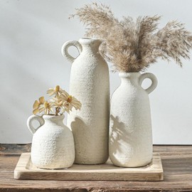 Juego de 3 jarrones de cerámica con asa, jarrones rústicos neutros para decoración del hogar, casa de campo, decoración de cerámica blanqueada, moderna para mesa, repisa de chimenea, entrada