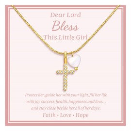 MEALGUET Delicate Cross Necklace for Girls : Gold Plated Pearl Heart Cubic Zirconia Cross Chain Necklace Christening Jewelry Baptism First Communion Confirmation Easter Gifts Teen Kids Little Girl