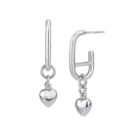 Vanbelle Sterling Silver Jewelry - Rhodium Plated with 925 Stamp - Linked Stud Earring with Dangling Puffed Heart- Elegant Handcrafted for Women
