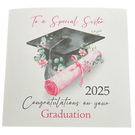 Graduation Card - with text To a special sister Congratulations on your graduation Card 2025, 6 x 6 inches, 300gsm, Linen Effect, pink scroll