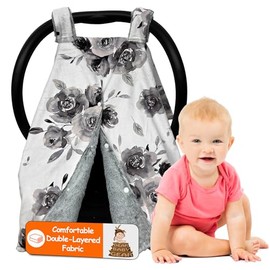 Dear Baby Gear Soft Floral Baby Car Seat Canopy-Monochrome Gray Floral- Newborn Girl- Warm Infant