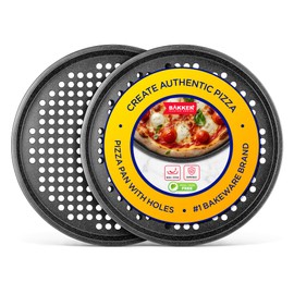 Bakken Pizza Baking Pan - Round Perforated Carbon Steel Pan with Non-Stick Marble Coating, Oversized Silicone Handle, Dishwasher Safe, High-Temperature Resistant, Durable & Easy Cleanup Gray, 2 Pack