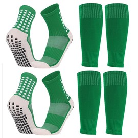 BUKEORE 2 Set Kids Grip Soccer Socks with Shin Guard Sleeves, Anti-slip for Ages 7-14 Youth Boys Football Basketball Training (2 Set: Green)