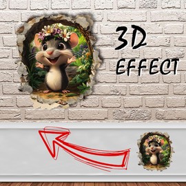 3 Pcs Mouse Hole Wall Decal with 3D Effect – Whimsical Removable Vinyl Sticker for Kids' Rooms & Home Decor (3, Mouse with a Wreath)